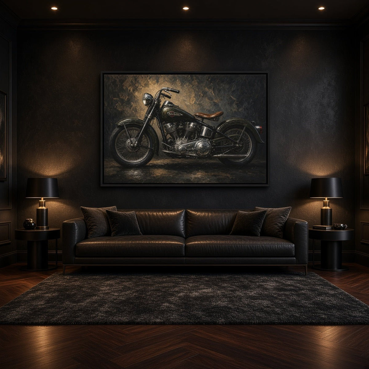 Motorcycle wall canvas in a black frame, depicting a classic bike in side profile.