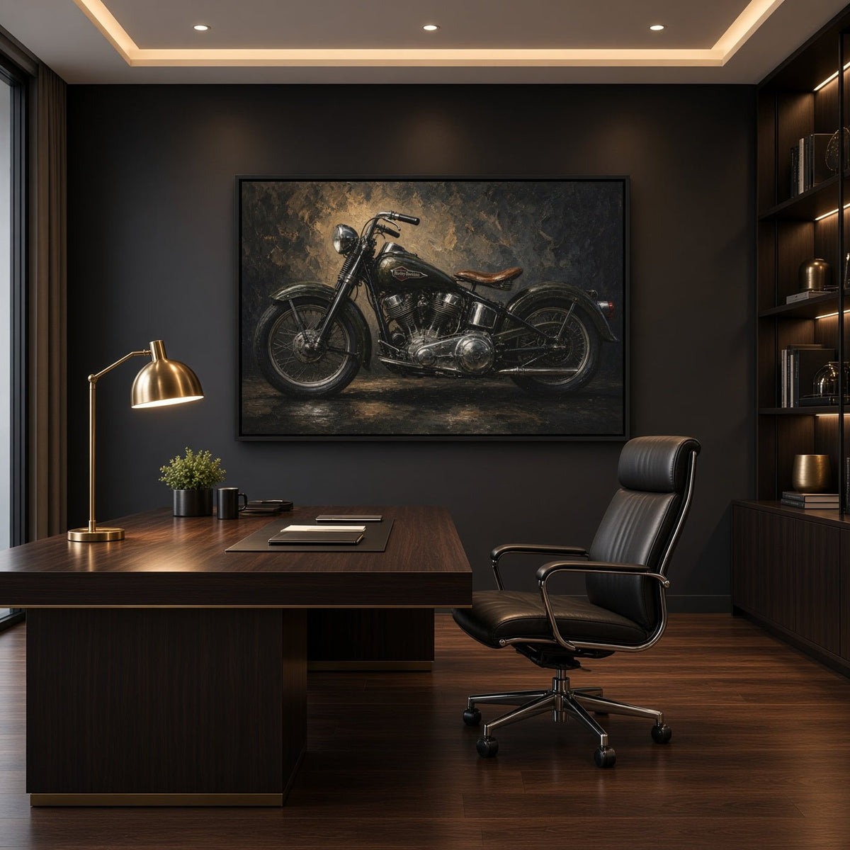 Framed canvas print of a vintage motorcycle, shown in side view with chrome engine details.
