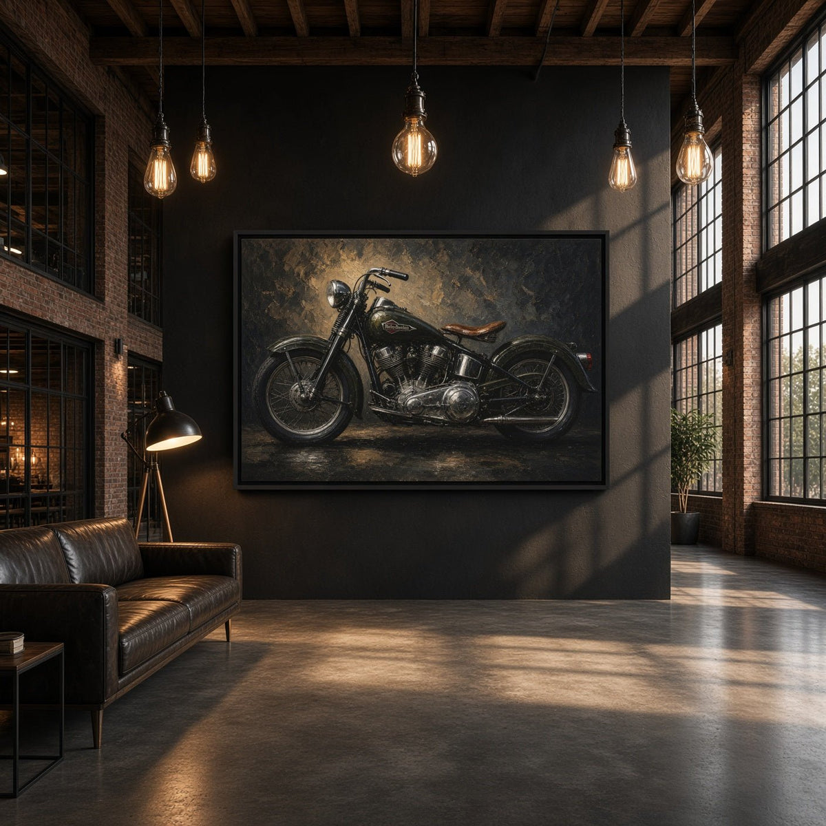 Motorcycle canvas wall art in a black frame, showing a vintage bike in side view.