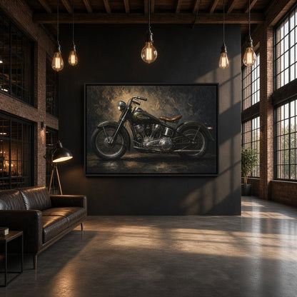 Motorcycle canvas wall art in a black frame, showing a vintage bike in side view.