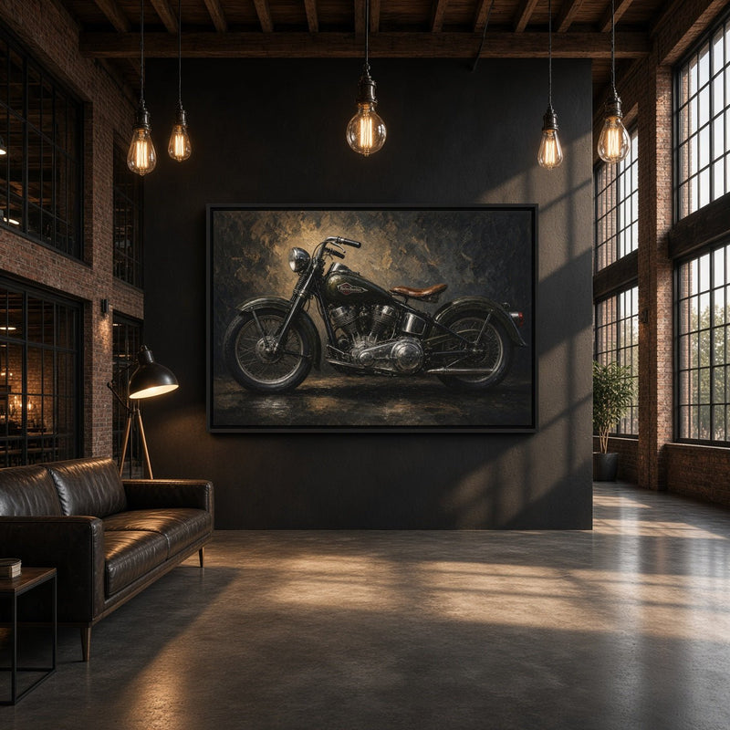 Motorcycle canvas wall art in a black frame, showing a vintage bike in side view.