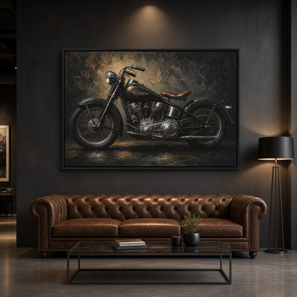 Motorcycle canvas wall art showing a vintage black bike with chrome details and a brown seat.