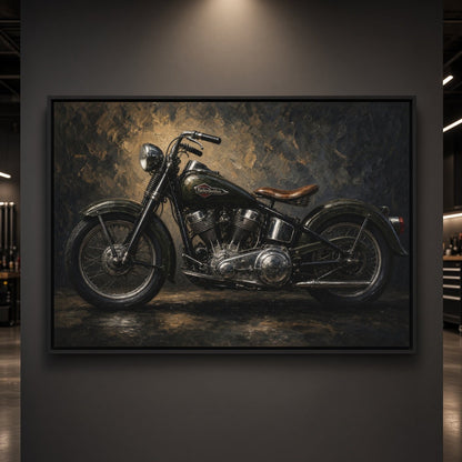 Vintage motorcycle canvas art with a detailed side view of the bike and its brown seat.