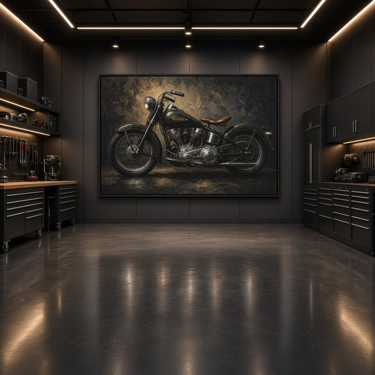 Dark-toned canvas artwork of a vintage motorcycle with chrome engine and spoked wheels.