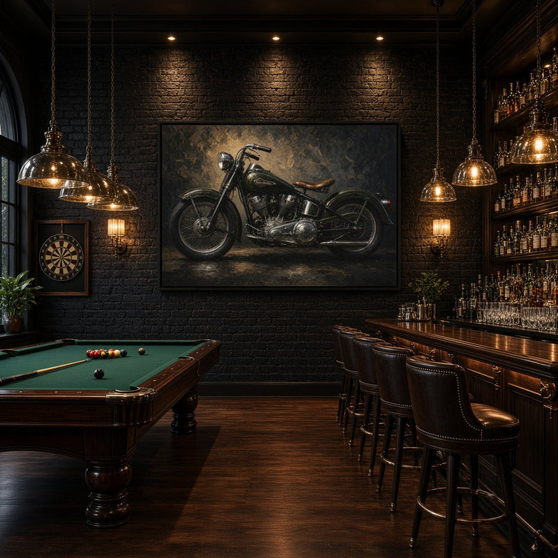 Vintage motorcycle canvas art in a black frame, shown in side profile.