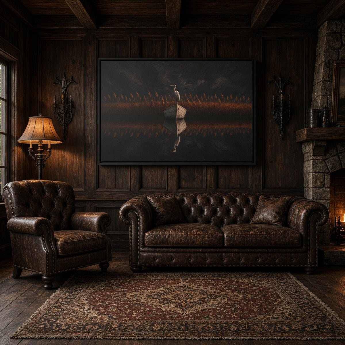 Horizontal black-framed canvas with a heron holding a book against dark layered background