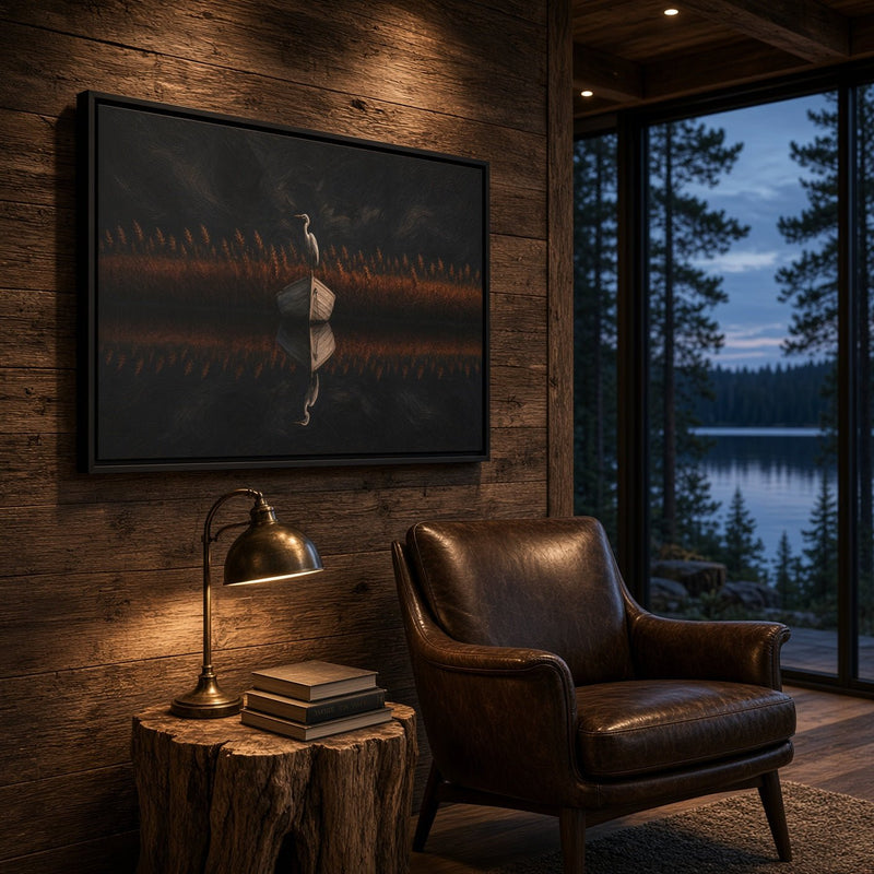 Horizontal framed canvas art with heron figure and warm orange grass lines on dark.