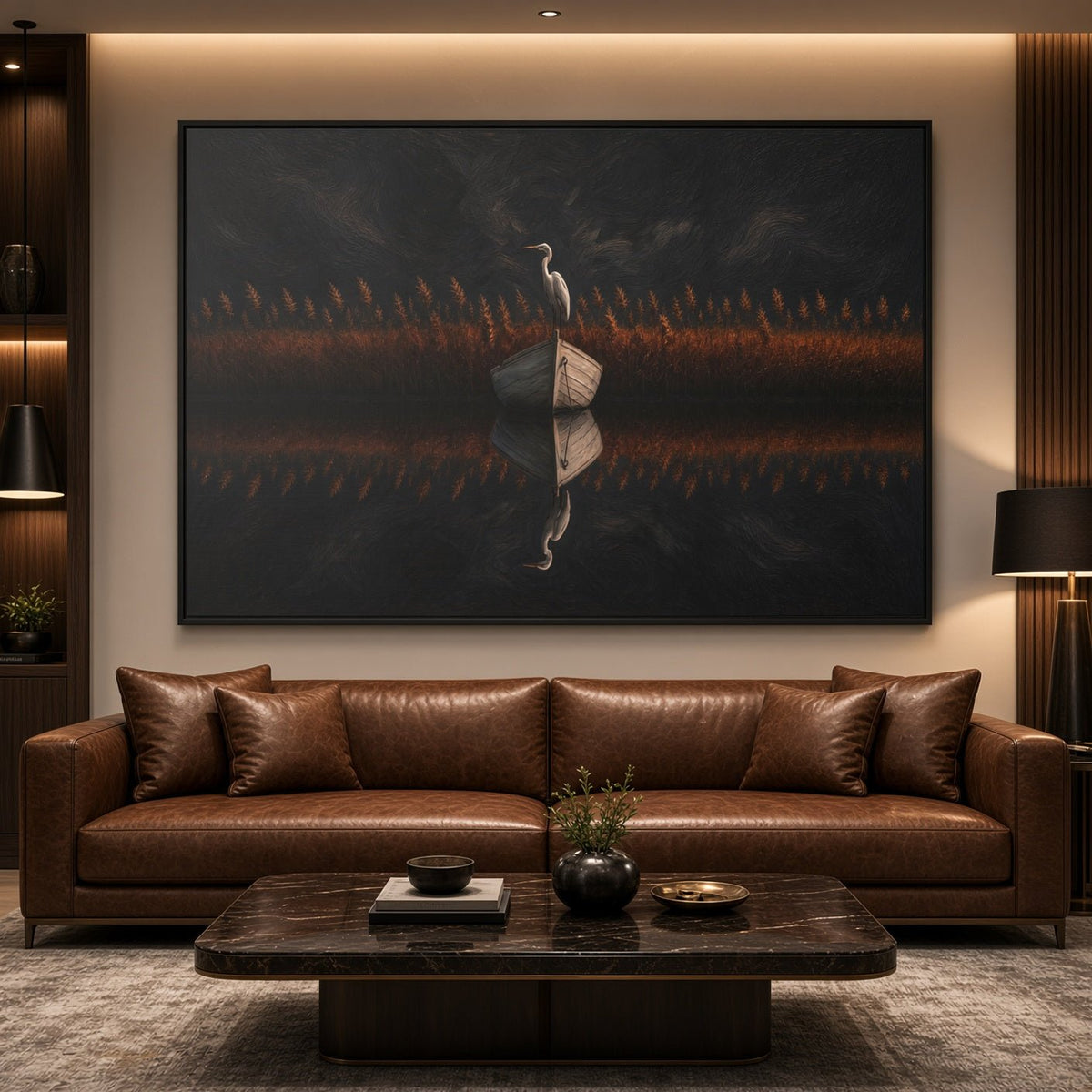 Horizontal framed canvas art of a heron with warm orange grasses in a dark scene.