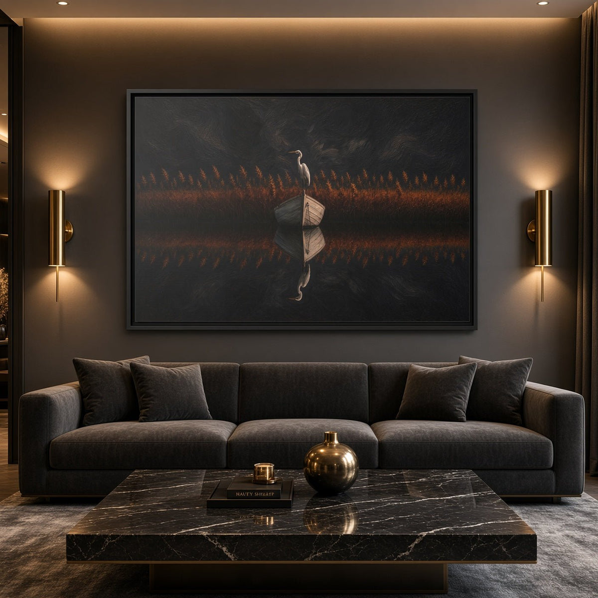 Horizontal black-framed canvas print showing a heron holding a book on dark waterscapes