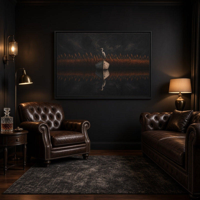Horizontal black-framed canvas artwork with centered heron and book on dark red-brown stripes