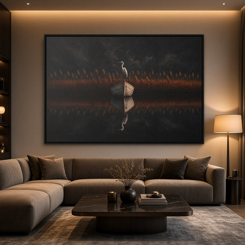 Horizontal black-framed canvas print with a heron holding a book over dark water fields