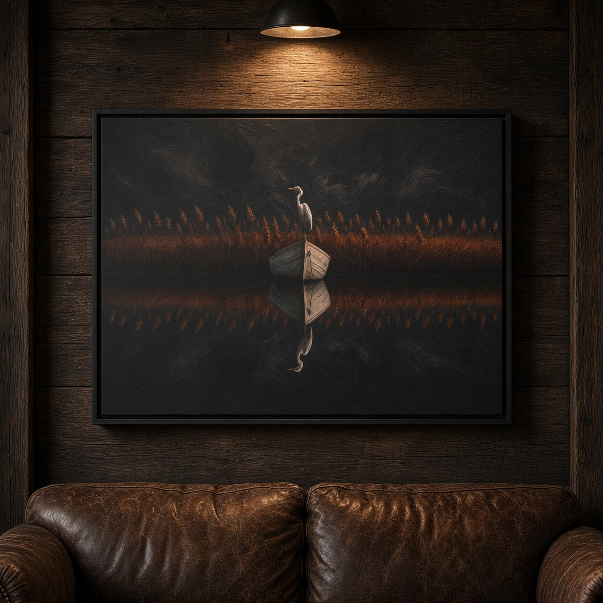 Horizontal black-framed canvas print featuring a heron holding a book on dark grounds