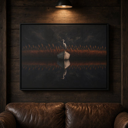 Horizontal black-framed canvas print featuring a heron holding a book on dark grounds