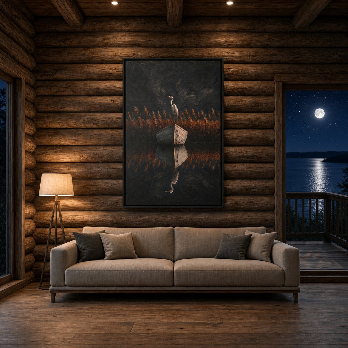 Framed heron canvas artwork with mirrored reflection, orange reeds, and dark moody tones