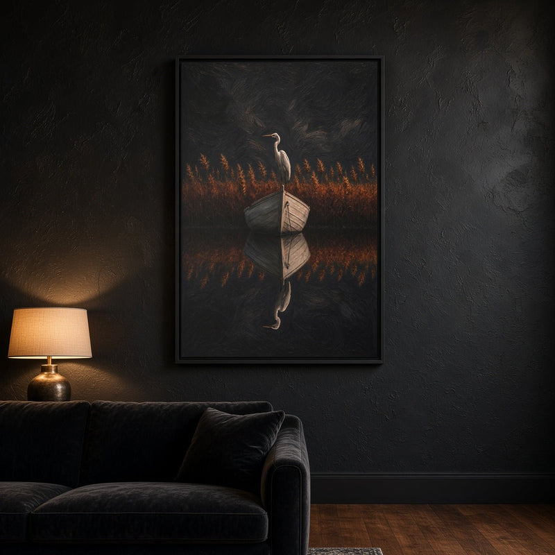 Framed canvas wall art with a heron over mirrored reflection and orange reeds on dark background