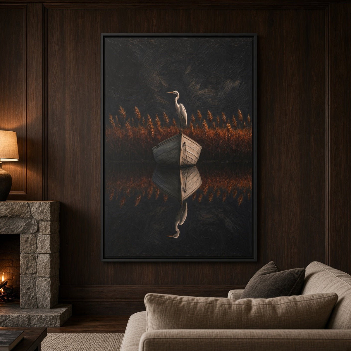 Framed canvas wall art with a heron and mirrored reflection amid orange reeds on dark background