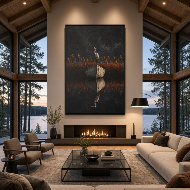 Framed canvas wall art with a heron holding an open book, centered composition