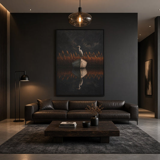 Black-framed canvas wall art of a heron holding an open book in autumn-like grass
