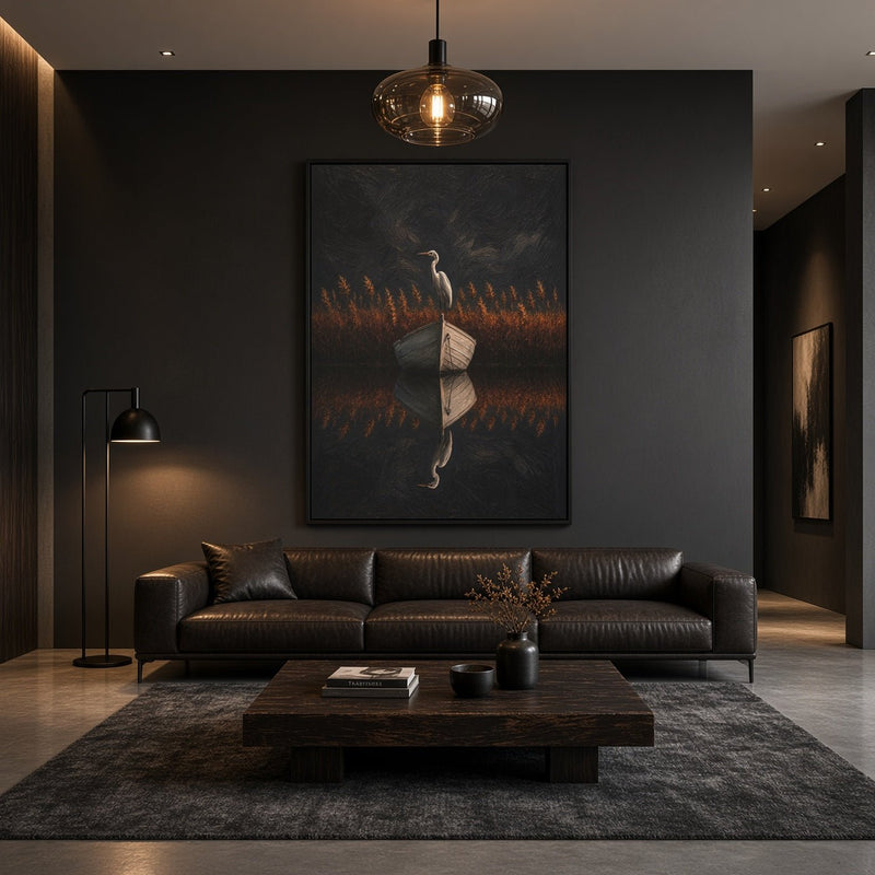 Black-framed canvas wall art of a heron holding an open book in autumn-like grass