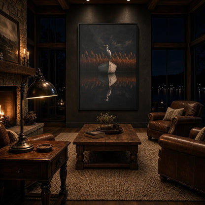 Framed canvas wall art featuring a heron holding an open book amid tall grass