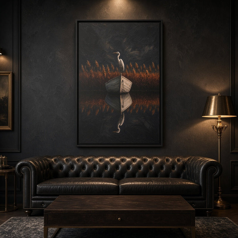 Framed canvas wall art with a standing heron holding an open book in a field