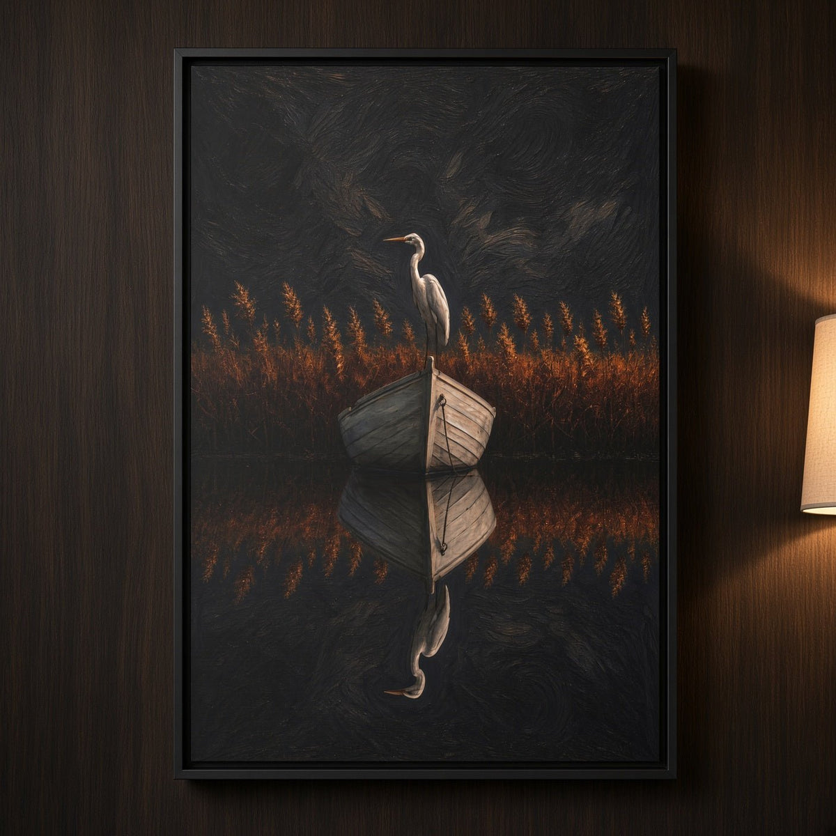 Framed canvas wall art close-up: heron and orange grass with dark mirrored reflection