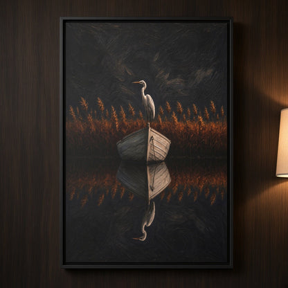 Framed canvas wall art close-up: heron and orange grass with dark mirrored reflection