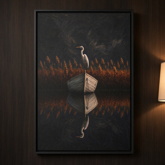 Framed canvas wall art close-up: heron and orange grass with dark mirrored reflection