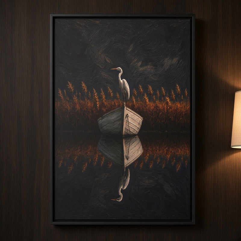 Framed canvas wall art close-up: heron and orange grass with dark mirrored reflection