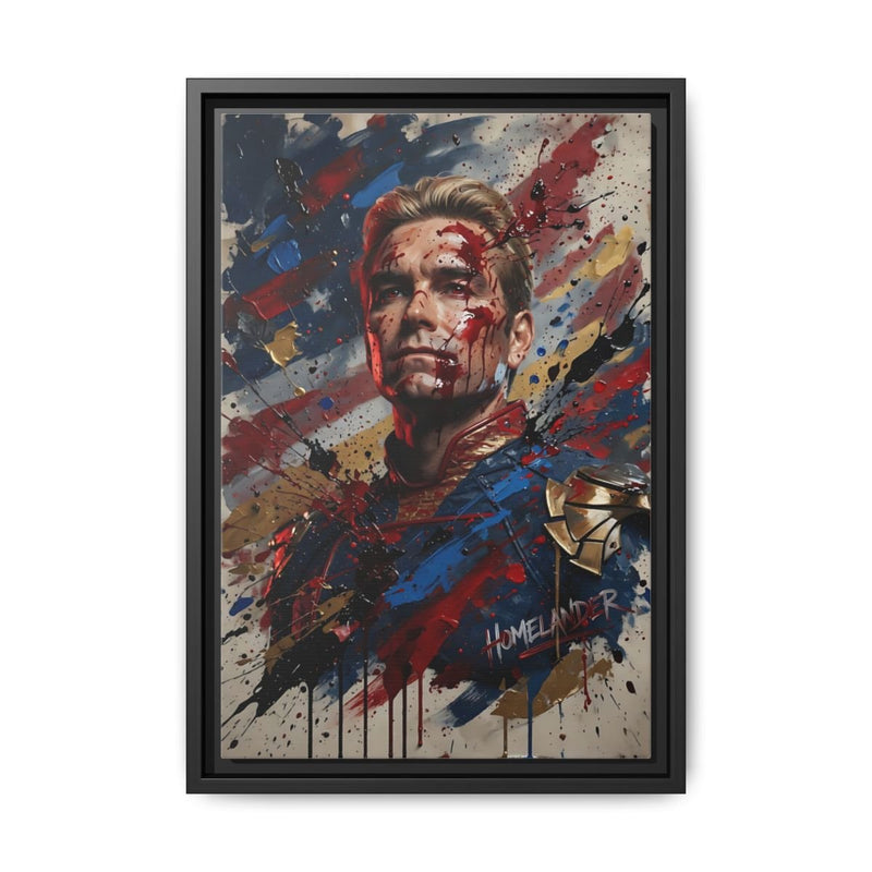 Framed matte canvas portrait with blood splatter and bold color splash, black frame