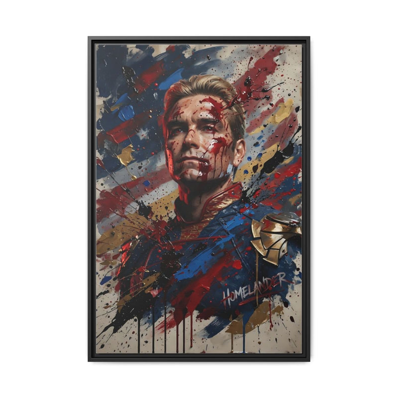 Framed matte canvas portrait with blood splatter, black frame, male face and gold emblem