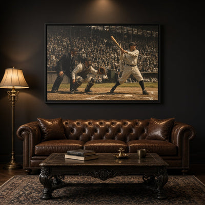 Framed vintage baseball canvas wall art with black frame, players in action