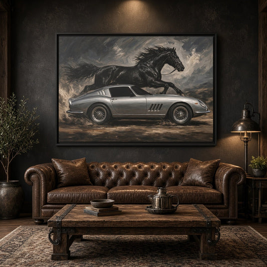 Black-framed vintage sports car and horse framed canvas artwork, landscape view