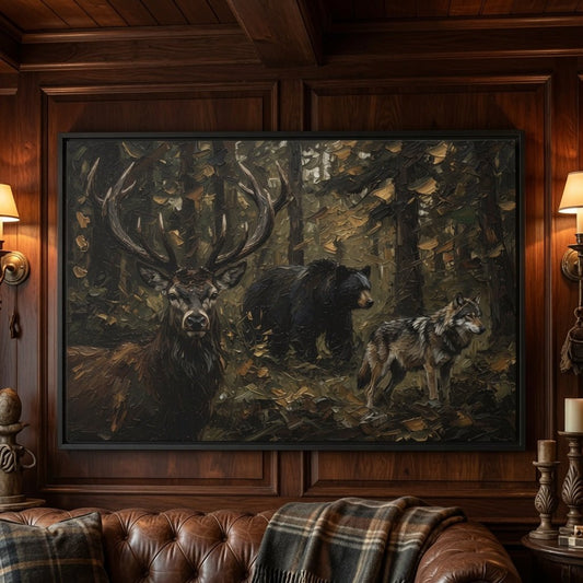 Close-up framed wildlife matte canvas print with stag antlers and two deer figures