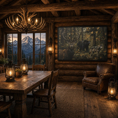 Framed canvas wall art featuring a stag, bear, and wolves in forest greenery