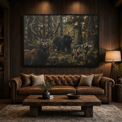 Framed canvas wall art featuring stag, bear, and two wolves in a forest