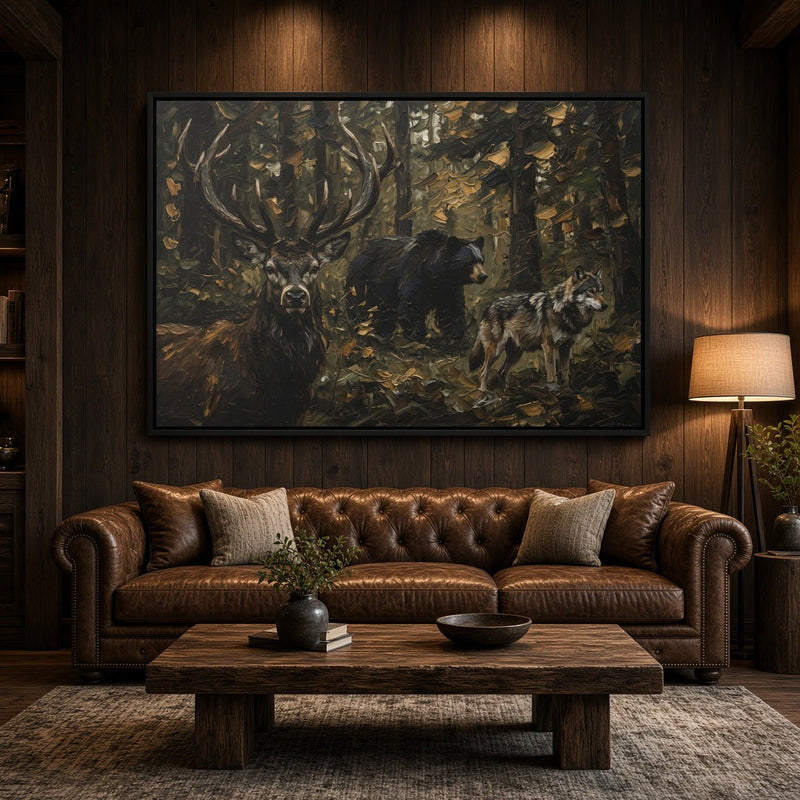 Framed canvas wall art featuring stag, bear, and two wolves in a forest