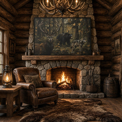Framed canvas wall artwork showing a stag head, bear, and wolves in woods