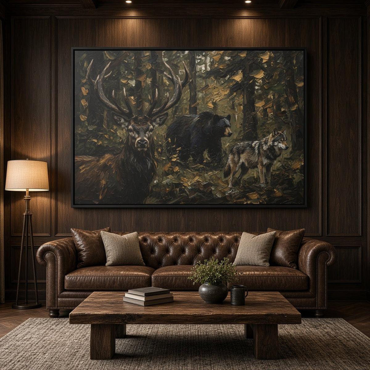 Framed canvas wall art featuring a stag, bear, and wolves in a forest scene