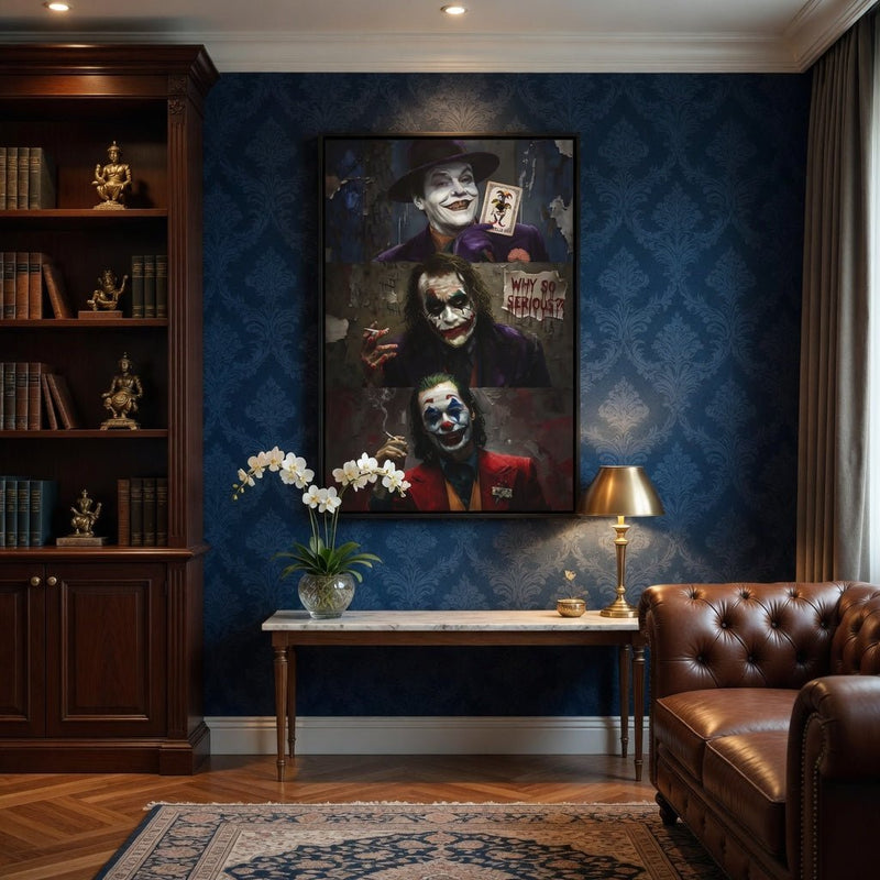Framed matte canvas portrait print with three joker-themed characters, black frame
