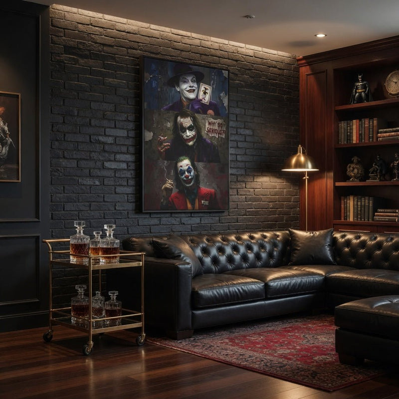 Framed matte canvas portrait print with three joker-themed characters, black frame