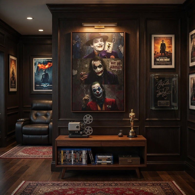 Framed matte canvas portrait print featuring three joker-themed characters, black frame