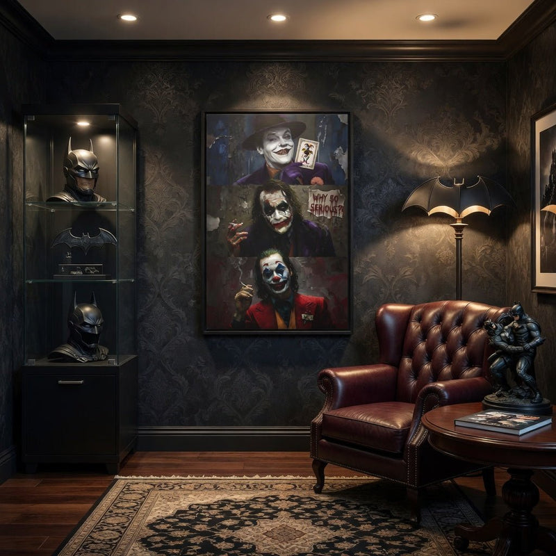 Framed matte canvas portrait print with three joker-themed characters, black frame