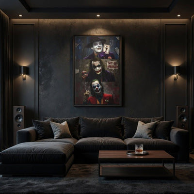 Framed matte canvas portrait print with three joker-themed characters, black frame