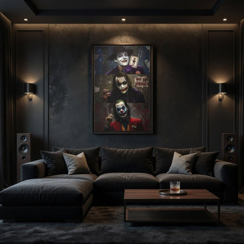 Framed matte canvas portrait print with three joker-themed characters, black frame
