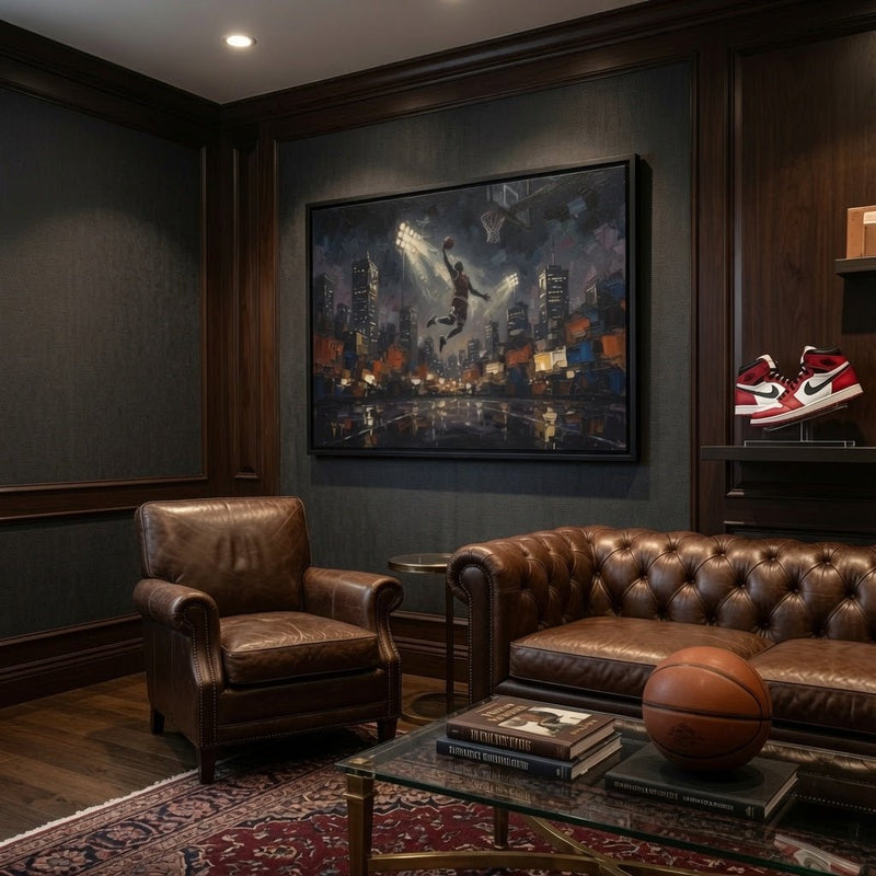 City Lights Dunk - Epic Night Basketball Player Framed Canvas Wall Art | Man Cave Decor