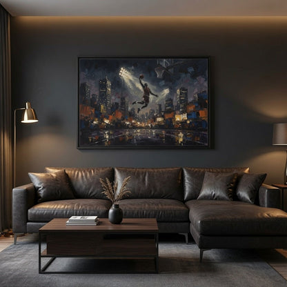 City Lights Dunk - Epic Night Basketball Player Framed Canvas Wall Art | Man Cave Decor