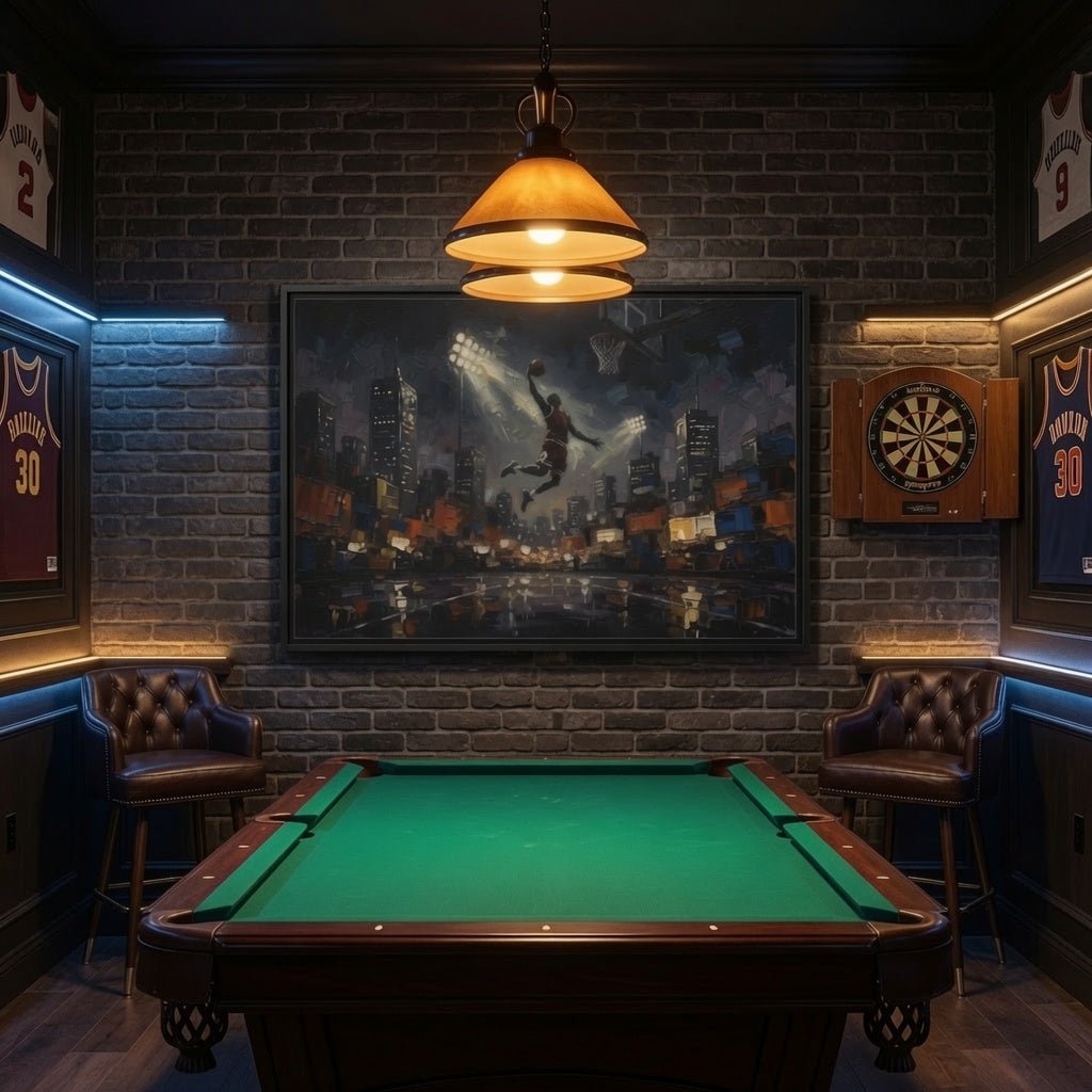 City Lights Dunk - Epic Night Basketball Player Framed Canvas Wall Art | Man Cave Decor