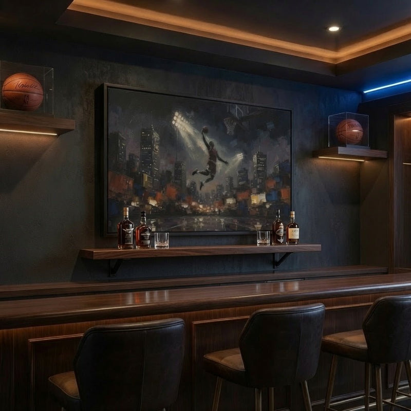 City Lights Dunk - Epic Night Basketball Player Framed Canvas Wall Art | Man Cave Decor