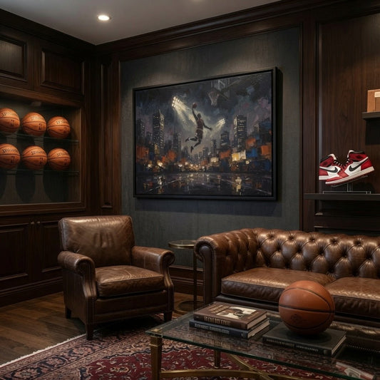 Black-framed canvas wall art showing basketball dunk with illuminated night city buildings